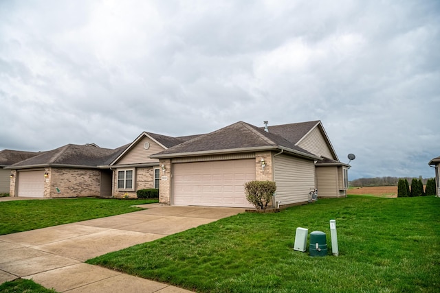 ranch-style home with brick siding, a front yard, driveway, and an attached garage