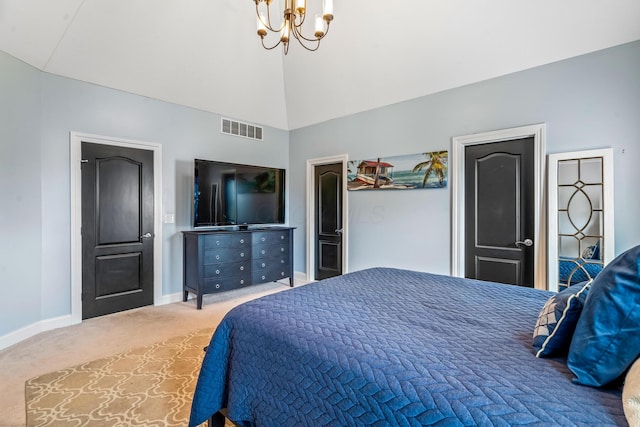 carpeted bedroom with a high ceiling, a notable chandelier, baseboards, and visible vents