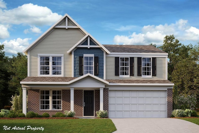view of front of home with brick siding, driveway, a front yard, and a garage