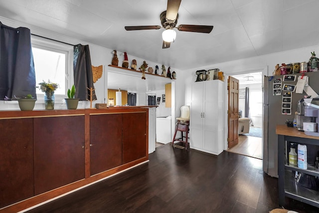 28 Elm St, Kingston, OH 45644 - kitchen with plenty of natural light, dark wood-style floors, ceiling fan, and freestanding refrigerator