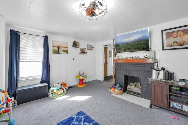 28 Elm St, Kingston, OH 45644 - game room featuring carpet flooring and a brick fireplace