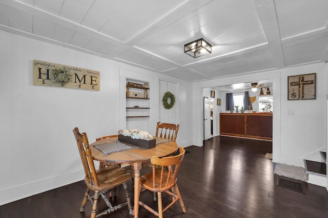 28 Elm St, Kingston, OH 45644 - dining room featuring visible vents, wood finished floors, a ceiling fan, built in features, and coffered ceiling