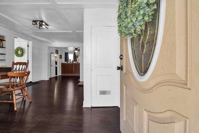 28 Elm St, Kingston, OH 45644 - foyer entrance featuring dark wood-type flooring, visible vents, coffered ceiling, and a ceiling fan