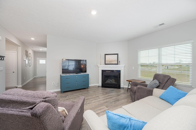 458 Madison Way, Plain City, OH 43064 - living area featuring a fireplace with flush hearth, baseboards, visible vents, and wood finished floors