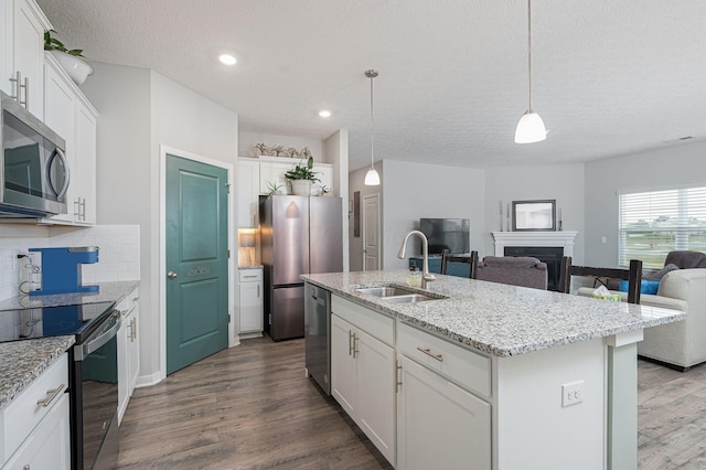 458 Madison Way, Plain City, OH 43064 - kitchen with appliances with stainless steel finishes, a sink, open floor plan, dark wood-style floors, and backsplash