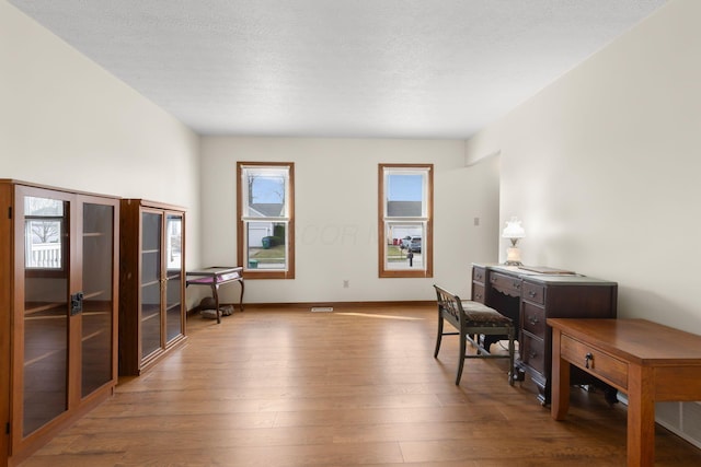 office featuring a textured ceiling, baseboards, and wood finished floors