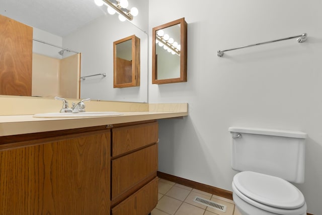 bathroom featuring tile patterned floors, toilet, vanity, baseboards, and visible vents