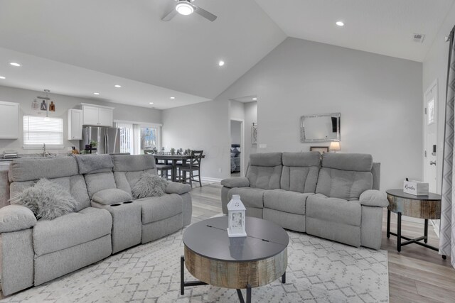 13334 Pine Rd NE, Thornville, OH 43076 - living area featuring light wood-style floors, a ceiling fan, recessed lighting, and high vaulted ceiling