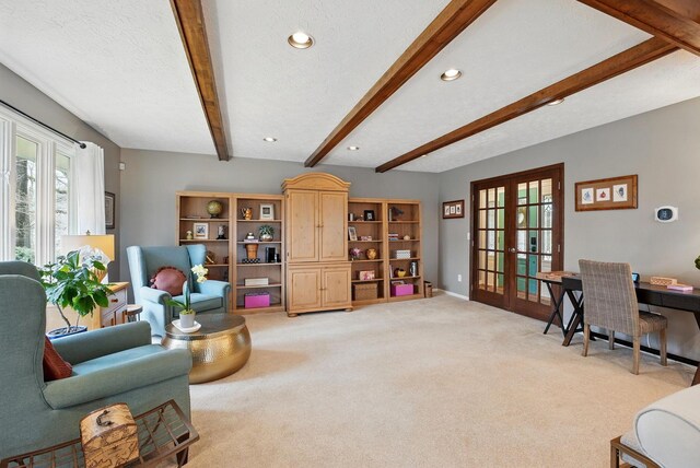 397 E Schrock Rd, Westerville, OH 43081 - living area with french doors, light carpet, a textured ceiling, beamed ceiling, and recessed lighting