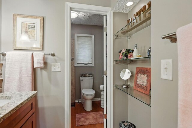 397 E Schrock Rd, Westerville, OH 43081 - bathroom featuring toilet, vanity, wood finished floors, a textured ceiling, and baseboards