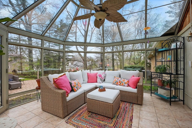 397 E Schrock Rd, Westerville, OH 43081 - sunroom with an outdoor living space, expansive windows, tile patterned floors, and a ceiling fan