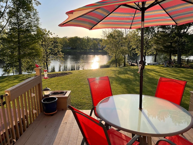 488 Springwood Lake Dr, Columbus, OH 43230 - wooden deck with a water view, a lawn, and outdoor dining area