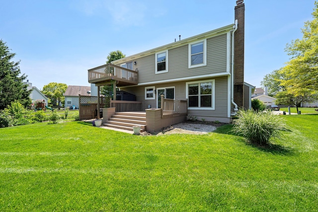 488 Springwood Lake Dr, Columbus, OH 43230 - rear view of house with a chimney, a yard, a wooden deck, and a balcony