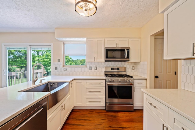 488 Springwood Lake Dr, Columbus, OH 43230 - kitchen with stainless steel appliances, plenty of natural light, dark wood-type flooring, a sink, and a textured ceiling