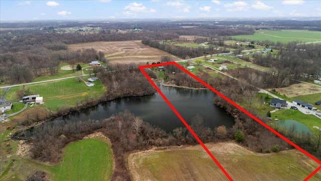 drone / aerial view with a water view and a rural view