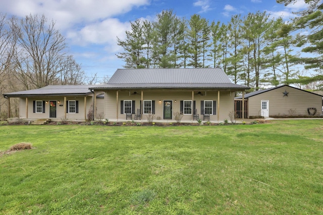 18738 State Route 327, Laurelville, OH 43135 - ranch-style house with a ceiling fan, a front lawn, and metal roof