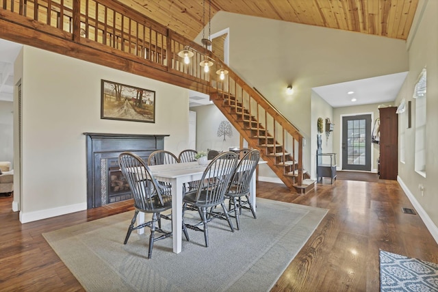 18738 State Route 327, Laurelville, OH 43135 - dining area with stairs, wood ceiling, wood finished floors, baseboards, and visible vents