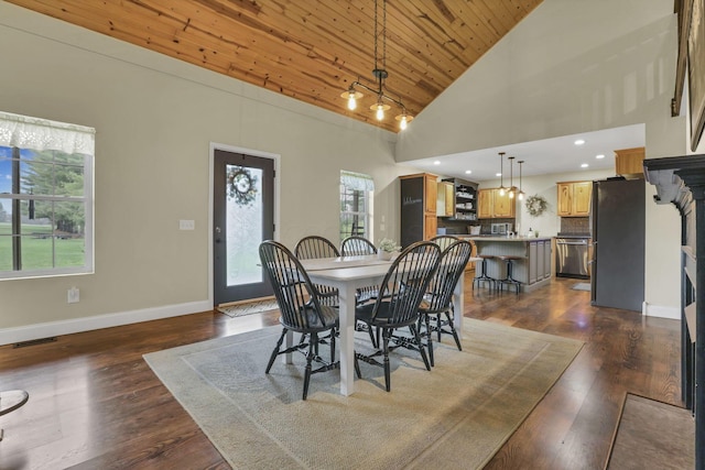 18738 State Route 327, Laurelville, OH 43135 - dining area with wooden ceiling, dark wood-type flooring, baseboards, and visible vents