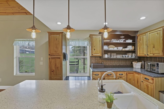 18738 State Route 327, Laurelville, OH 43135 - kitchen featuring a toaster, backsplash, a sink, and open shelves
