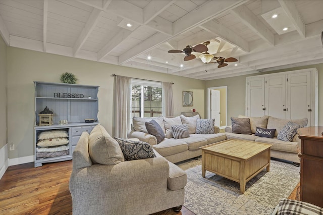 18738 State Route 327, Laurelville, OH 43135 - living area featuring beam ceiling, a ceiling fan, wood finished floors, baseboards, and recessed lighting