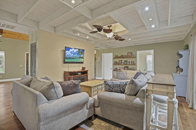 18738 State Route 327, Laurelville, OH 43135 - living room with visible vents, beamed ceiling, baseboards, ceiling fan, and wood finished floors