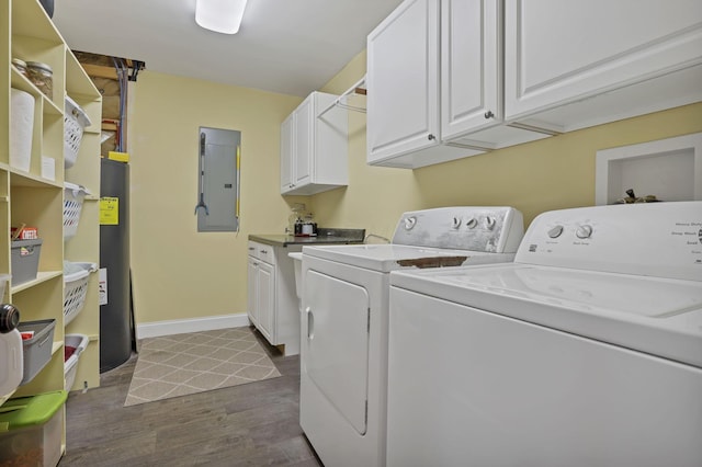 18738 State Route 327, Laurelville, OH 43135 - washroom with washer and clothes dryer, dark wood-type flooring, baseboards, cabinet space, and electric panel