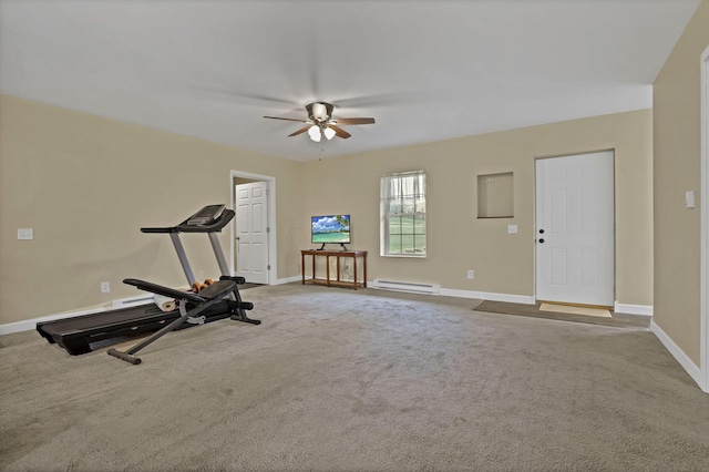 18738 State Route 327, Laurelville, OH 43135 - exercise room with carpet flooring, a ceiling fan, a baseboard radiator, and baseboards