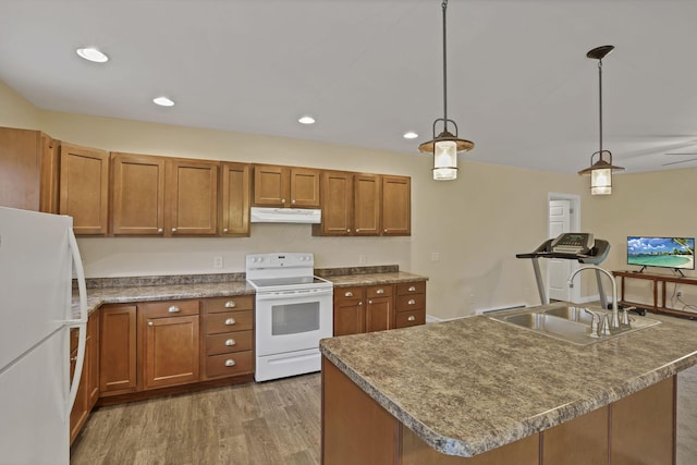 18738 State Route 327, Laurelville, OH 43135 - kitchen with white appliances, under cabinet range hood, a sink, brown cabinetry, and wood finished floors