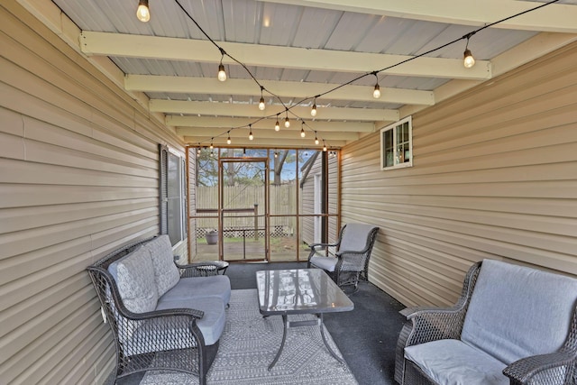18738 State Route 327, Laurelville, OH 43135 - sunroom featuring track lighting, an outdoor hangout area, and beam ceiling