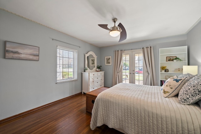 bedroom featuring access to outside, ceiling fan, french doors, baseboards, and wood finished floors