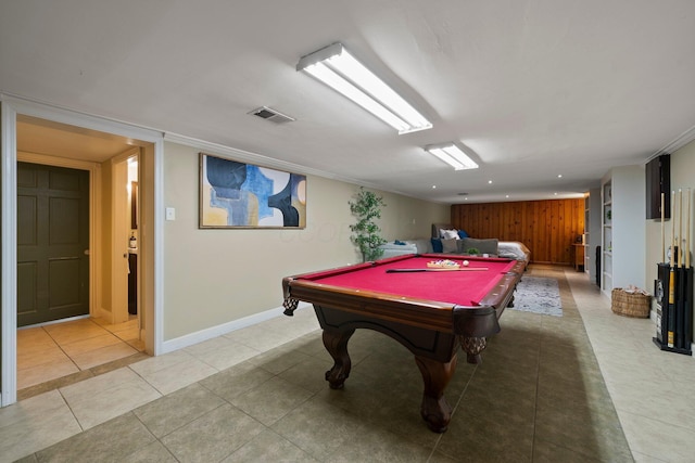 playroom featuring recessed lighting, pool table, baseboards, light tile patterned floors, and visible vents
