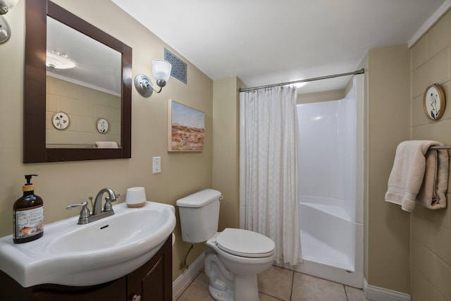 full bath with a shower with curtain, baseboards, visible vents, and tile patterned flooring
