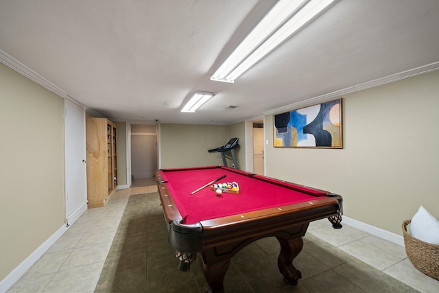 rec room featuring baseboards, ornamental molding, light tile patterned flooring, and billiards