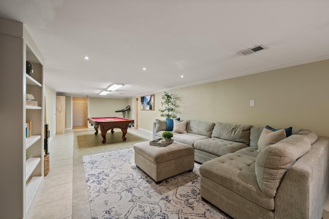 game room with billiards, visible vents, baseboards, ornamental molding, and recessed lighting