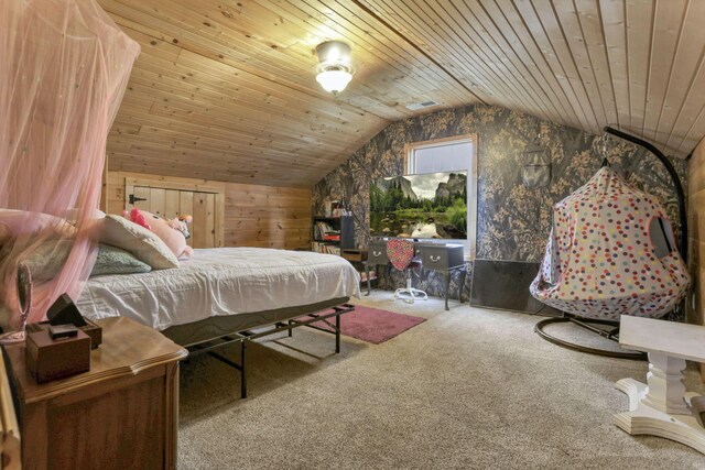 1335 Mingo Rd, Chillicothe, OH 45601 - bedroom featuring vaulted ceiling, carpet, wood walls, and wood ceiling
