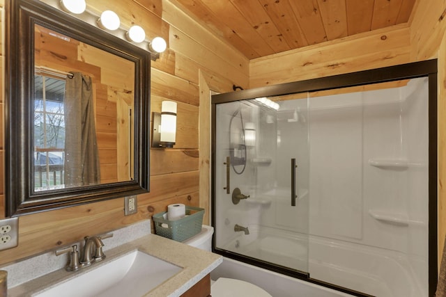 1335 Mingo Rd, Chillicothe, OH 45601 - full bath featuring wood ceiling, wood walls, vanity, enclosed tub / shower combo, and toilet