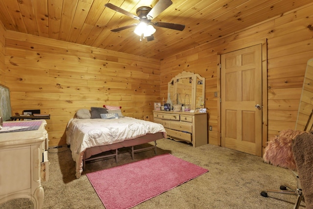 1335 Mingo Rd, Chillicothe, OH 45601 - bedroom featuring carpet, wood ceiling, wood walls, and ceiling fan