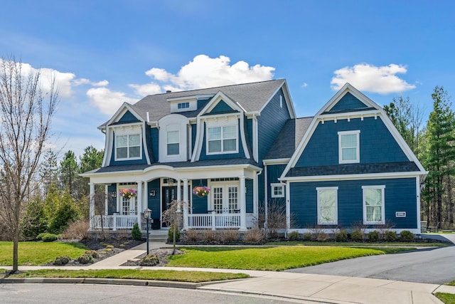 11061 Kingfisher Pl, Plain City, OH 43064 - view of front of house featuring covered porch, a shingled roof, french doors, and a front yard