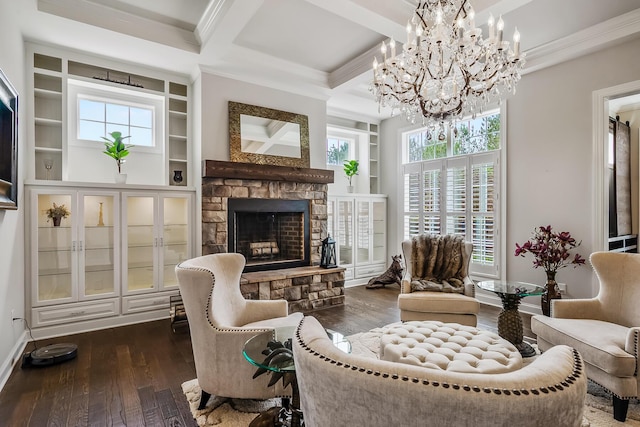 11061 Kingfisher Pl, Plain City, OH 43064 - living room with a chandelier, baseboards, beam ceiling, built in features, and hardwood / wood-style floors