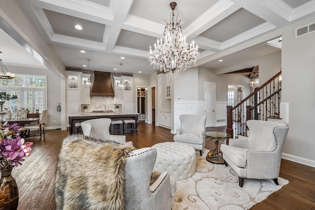 11061 Kingfisher Pl, Plain City, OH 43064 - living room featuring beamed ceiling, a chandelier, and visible vents