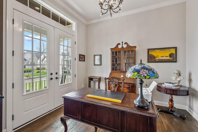 11061 Kingfisher Pl, Plain City, OH 43064 - home office featuring dark wood finished floors, ornamental molding, french doors, and a chandelier