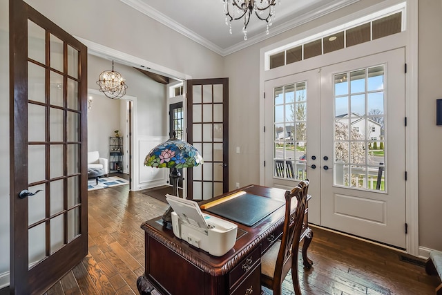 11061 Kingfisher Pl, Plain City, OH 43064 - home office with a notable chandelier, ornamental molding, french doors, and dark wood-type flooring