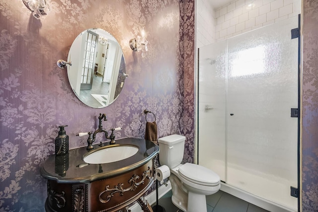 11061 Kingfisher Pl, Plain City, OH 43064 - bathroom featuring a shower stall, wallpapered walls, toilet, tile patterned floors, and vanity