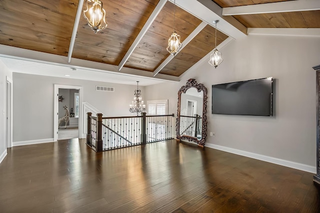 11061 Kingfisher Pl, Plain City, OH 43064 - interior space featuring wood ceiling, vaulted ceiling with beams, baseboards, visible vents, and an inviting chandelier
