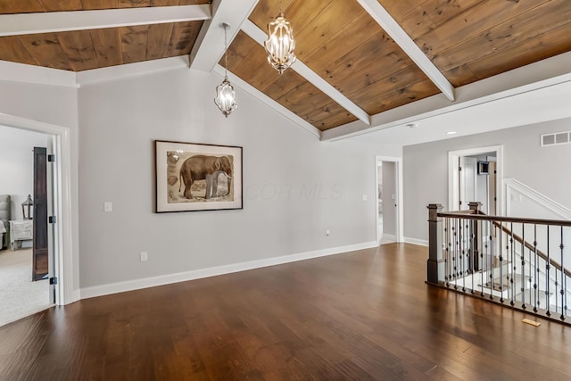 11061 Kingfisher Pl, Plain City, OH 43064 - unfurnished room featuring an inviting chandelier, wooden ceiling, visible vents, vaulted ceiling with beams, and wood finished floors