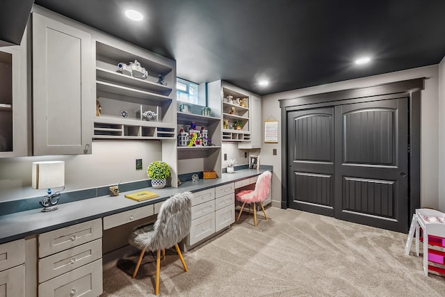 11061 Kingfisher Pl, Plain City, OH 43064 - office area featuring light colored carpet, recessed lighting, and built in study area