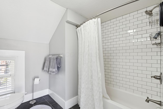 72 Miami Ave, Columbus, OH 43203 - bathroom with shower / bathtub combination with curtain, toilet, baseboards, a textured ceiling, and tile patterned floors