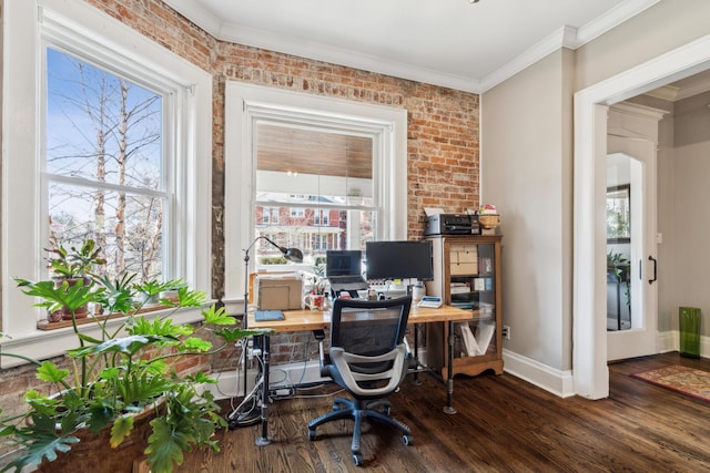 72 Miami Ave, Columbus, OH 43203 - office area with dark wood finished floors, baseboards, ornamental molding, and brick wall