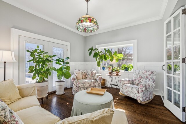 72 Miami Ave, Columbus, OH 43203 - living area with french doors, a wainscoted wall, ornamental molding, and wood finished floors