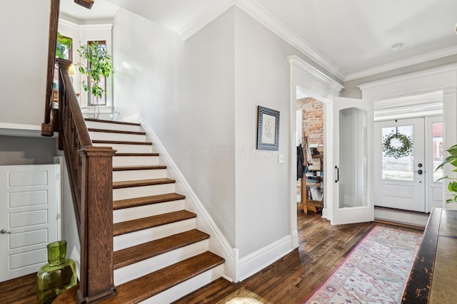 72 Miami Ave, Columbus, OH 43203 - foyer entrance with baseboards, stairs, wood finished floors, and crown molding